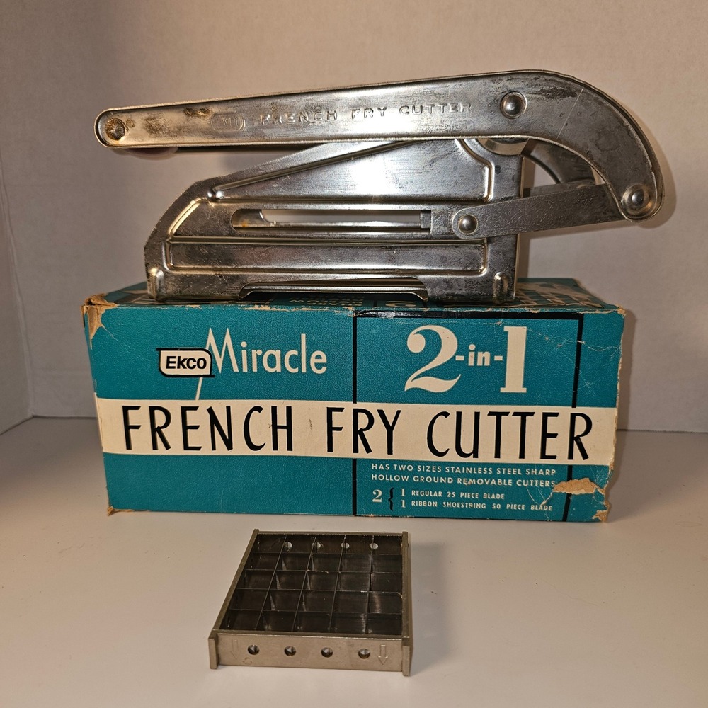 Vintage Ekco Miracle 2-in-1 French Fry Cutter Stainless Steel Red Handle USA Box